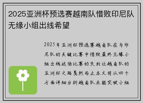 2025亚洲杯预选赛越南队惜败印尼队无缘小组出线希望 2025亚洲杯预选赛越南队惜败印尼队无缘小组出线希望