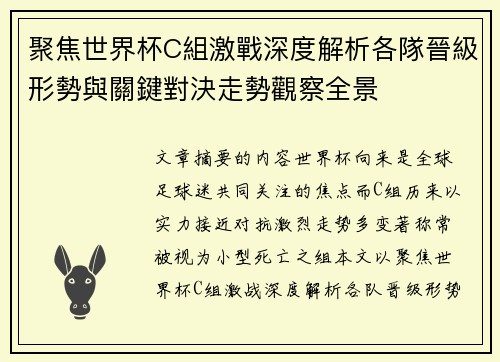 聚焦世界杯C組激戰深度解析各隊晉級形勢與關鍵對決走勢觀察全景 聚焦世界杯C組激戰深度解析各隊晉級形勢與關鍵對決走勢觀察全景
